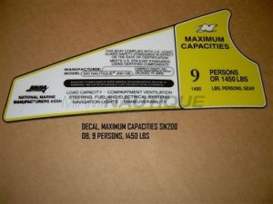 Ski Nautique 200 OB 9 Persons or 1450 Lbs. Persons and Gear Maximum Capacities Decal - 100234